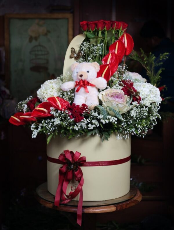 Fresh Flower Arrangement With Teddy Bear